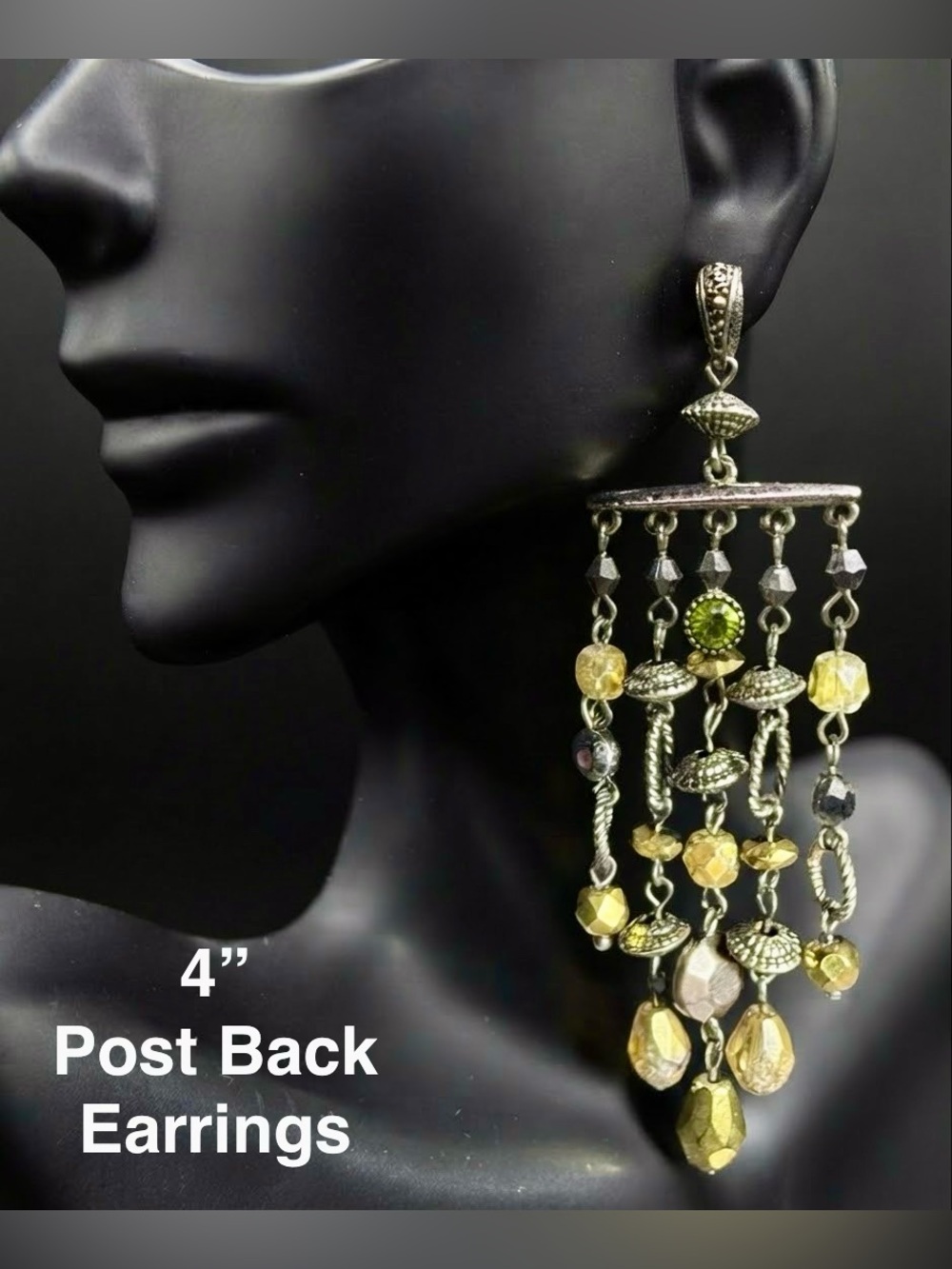 Source Unknown Yellow and Green Beaded Chandelier Post Earrings